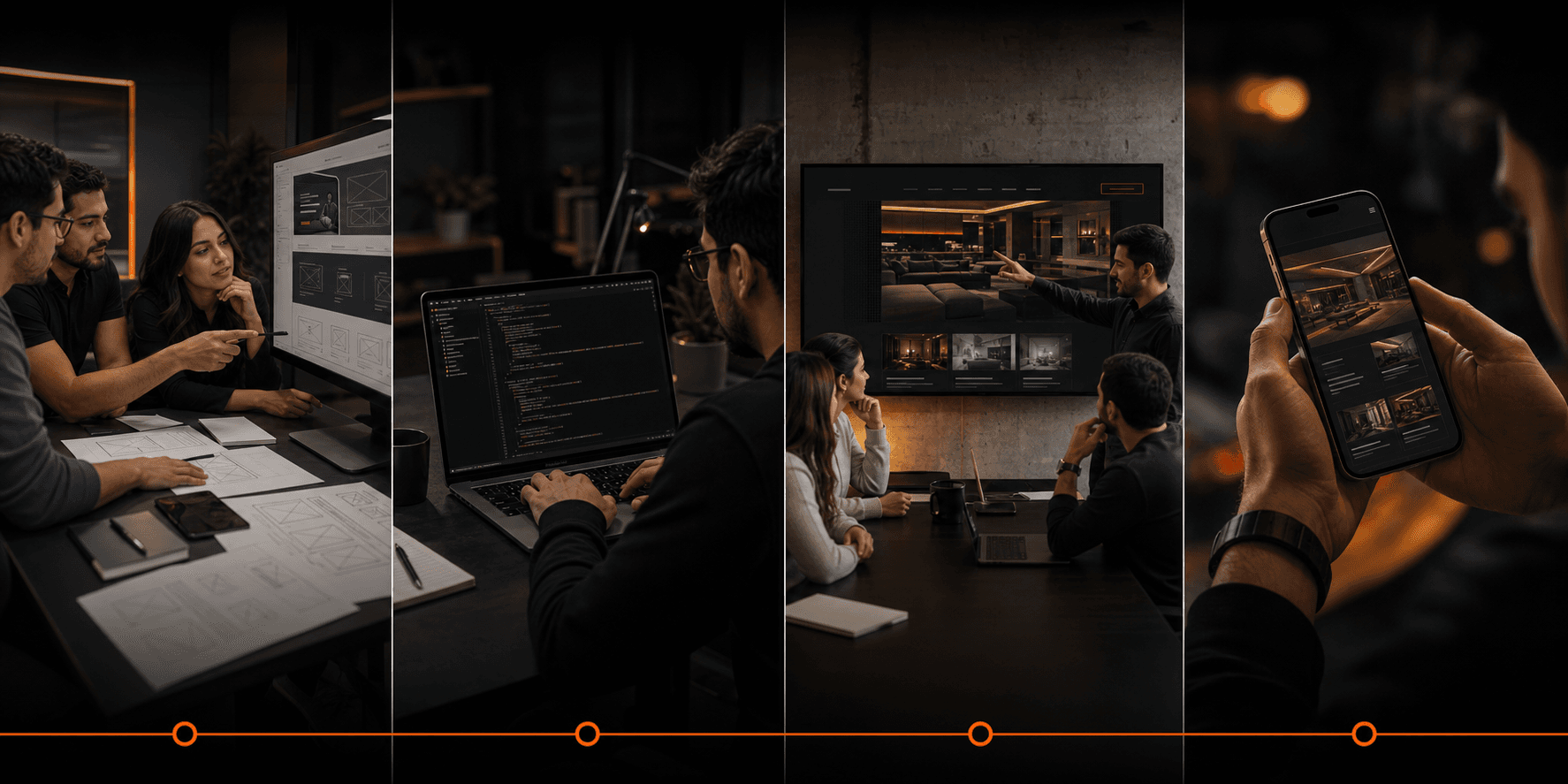 Four-panel process storyboard from web design review to mobile website launch