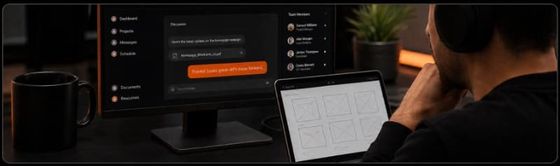 ZIONAK STUDIOS workspace with a developer reviewing website wireframes